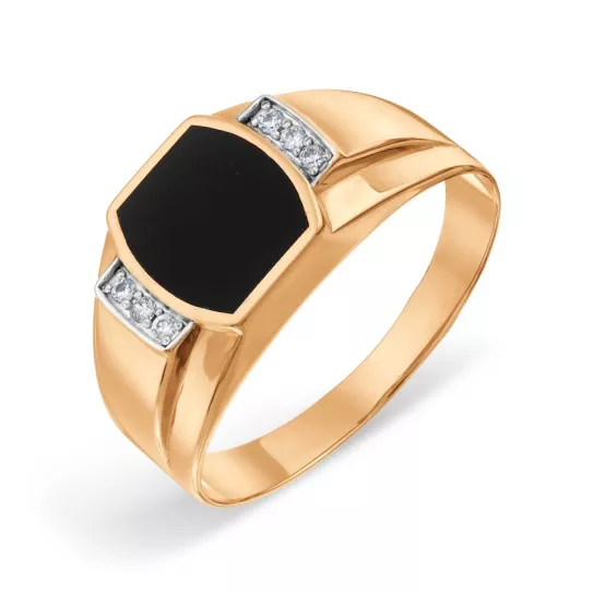 Кольцо-печатка с фианитом и эмалью из золота