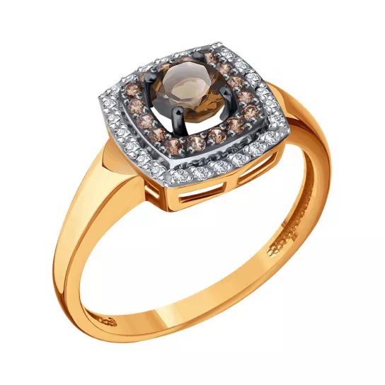 Кольцо с раухтопазом и фианитом из золота